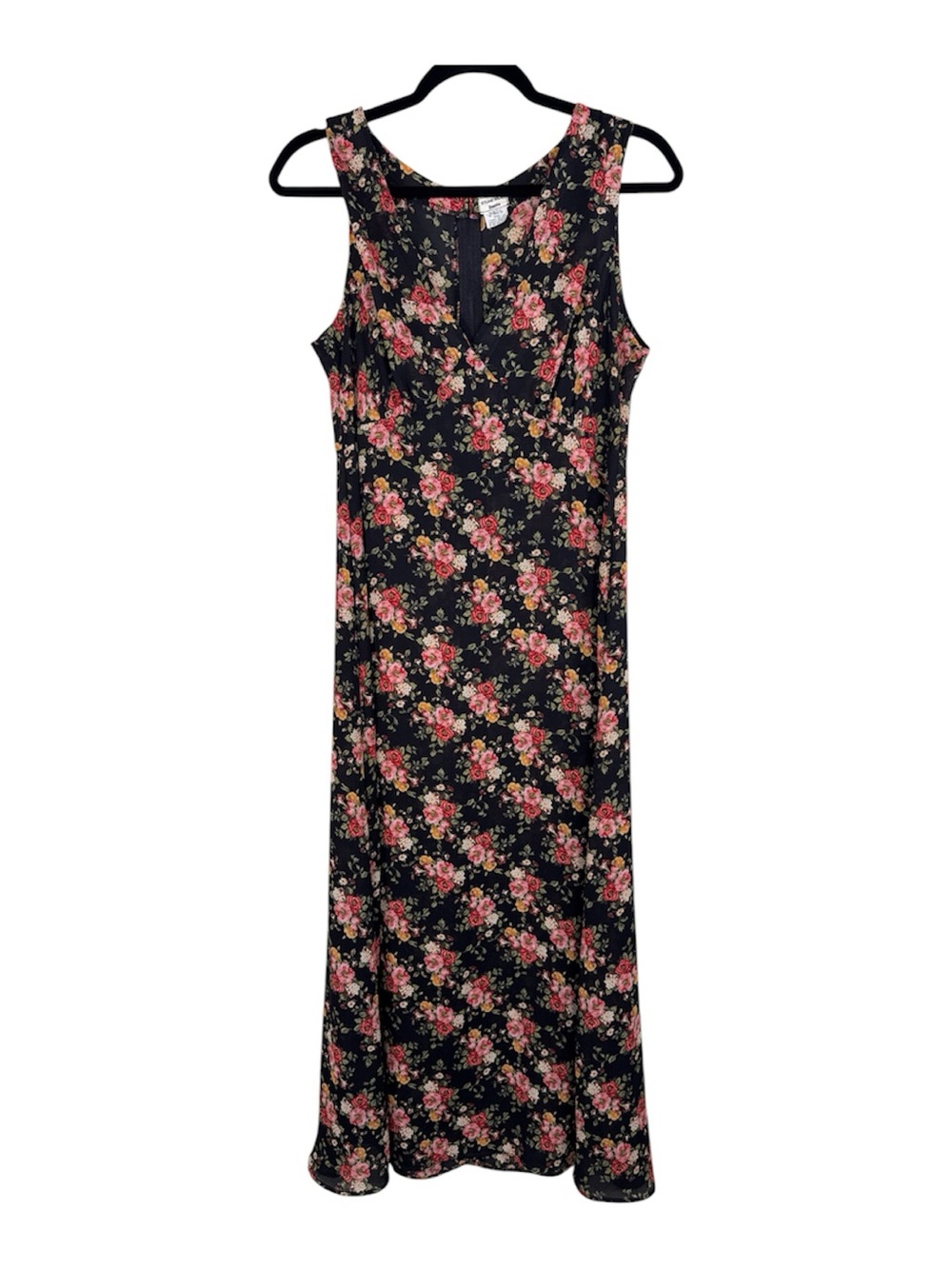Vintage 90s Black Red Floral Maxi Dress Womens S Boho Whimsigoth Dark Romantic